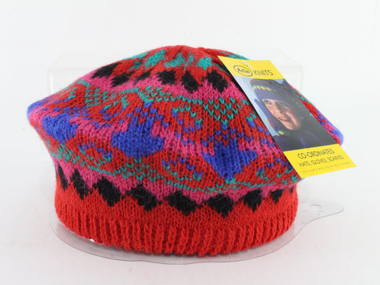 Mixed Red Pink & Blue Arlin Acrylic Knit Ladies Cap Stretch Band Winter/Holiday