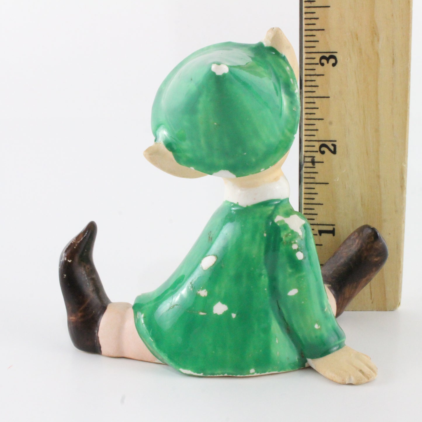 Vintage Pixie Elf Seated In Green Dress W/ Green Hat Ceramic Japan 3.25 In