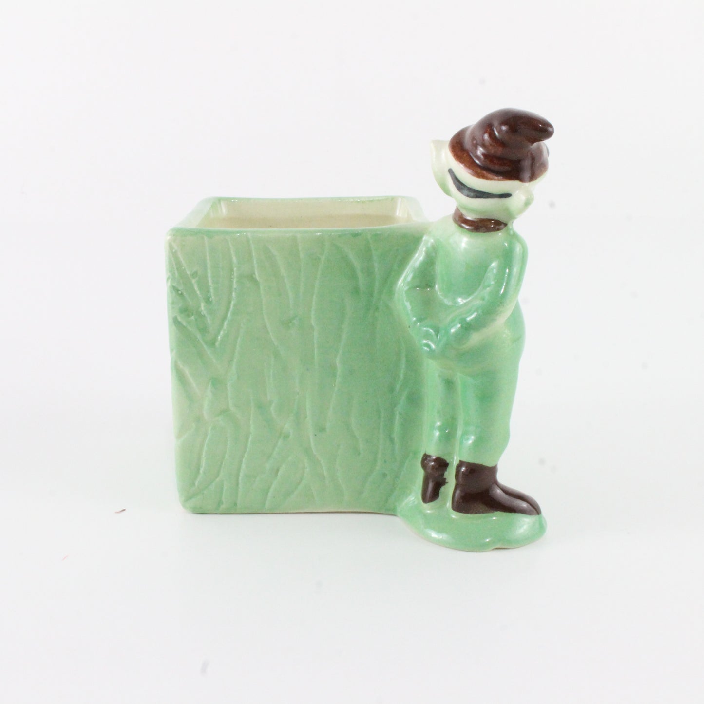 Vintage Elf Pixie In Green W/ Brown Cap Planter Box Ceramic 3 In