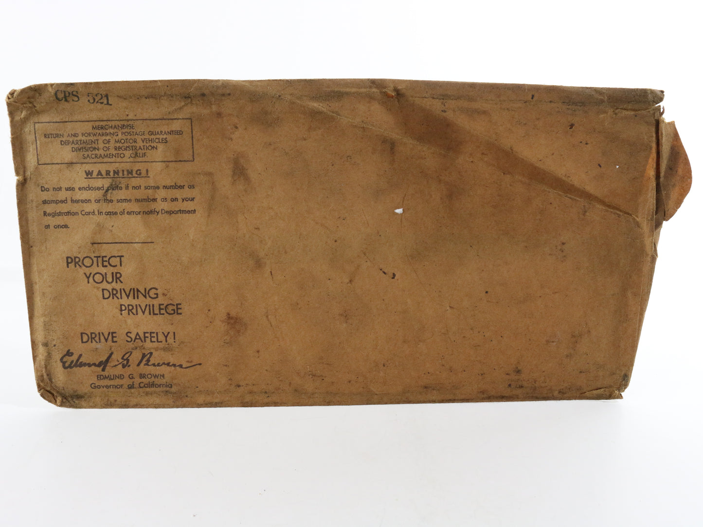 Original License Plate Mailing Envelope: California Sacramento CPS 521 E. Brown