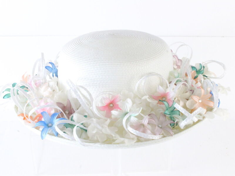 Don Anderson Ladies White Straw Spring Hat W/ Pink And Blue Flowers 7 56cm