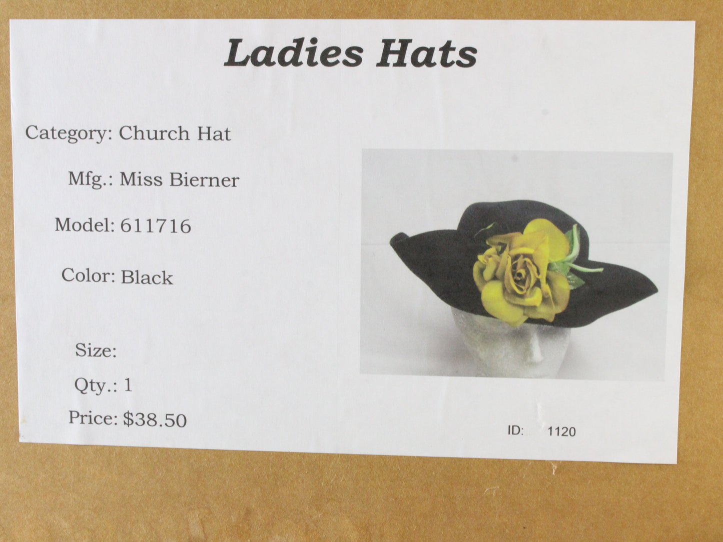 Miss Bierner Ladies Elegant Black Wool Felt Hat W/ Yellow Flower 7 1/4 58cm