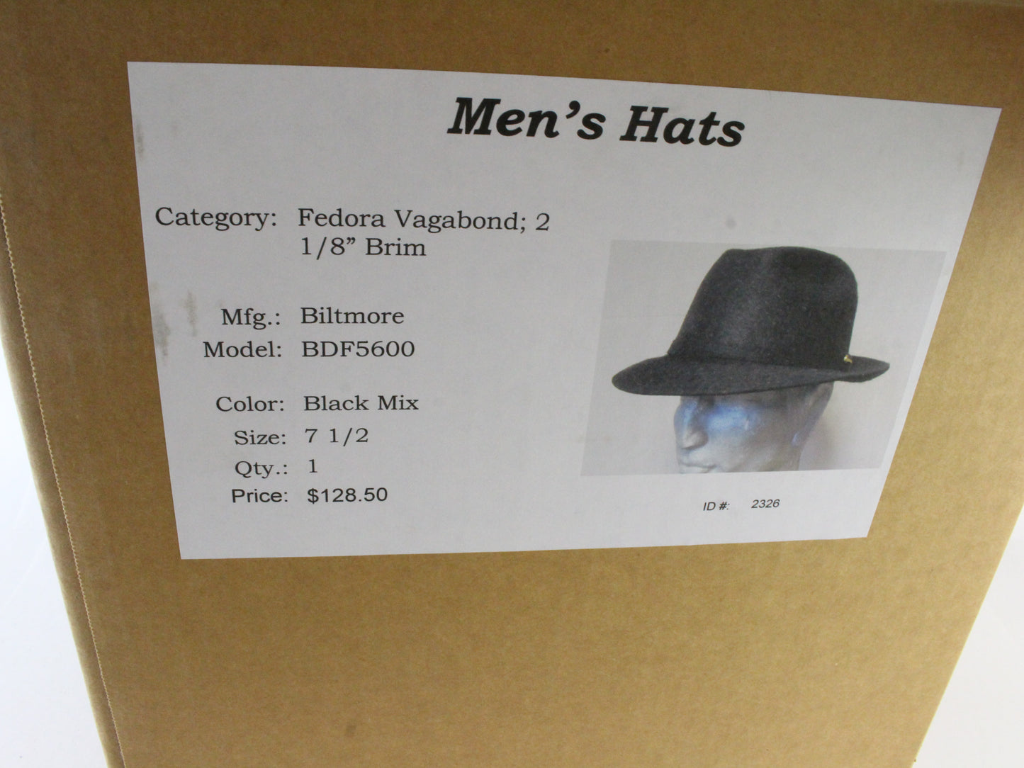 Biltmore Vagabond Mens Classic Black Mix Felt Fedora W/ Pin 7 1/2 60cm