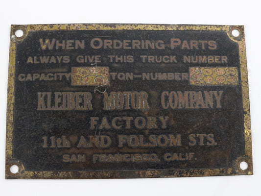 Kleiber Motor Company Factory 4888 Plate San Francisco Emblem Badge