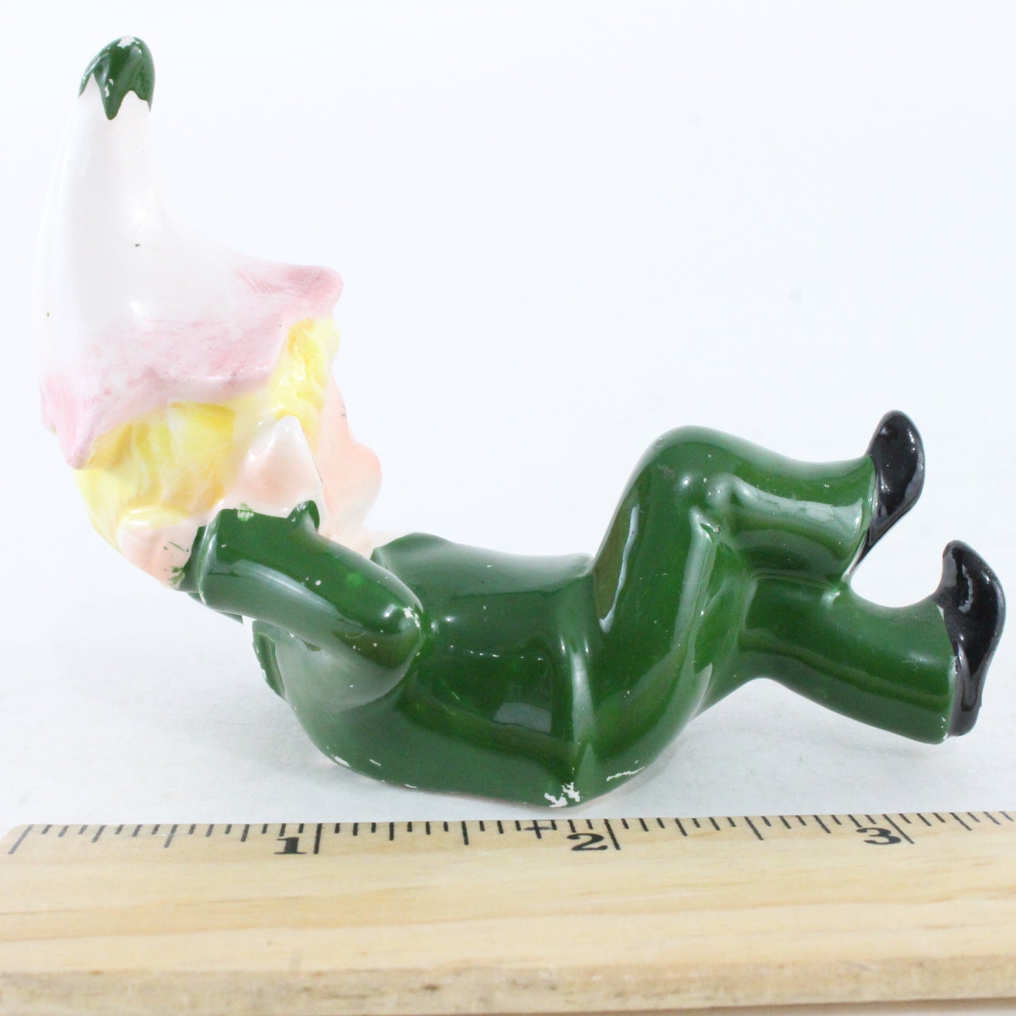 Vintage Norcrest Ceramic Pixie Elf In Green W/ Pink Flower On Head Made In Japan