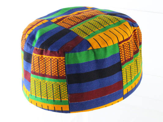 Mens Blue And Orange Rectangle Pattern Authentic African Cap M