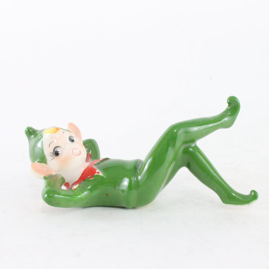 Vintage Ceramic Pixie Elf Reclining In Green W/ Green Hat Made In Japan 3.5 Inch