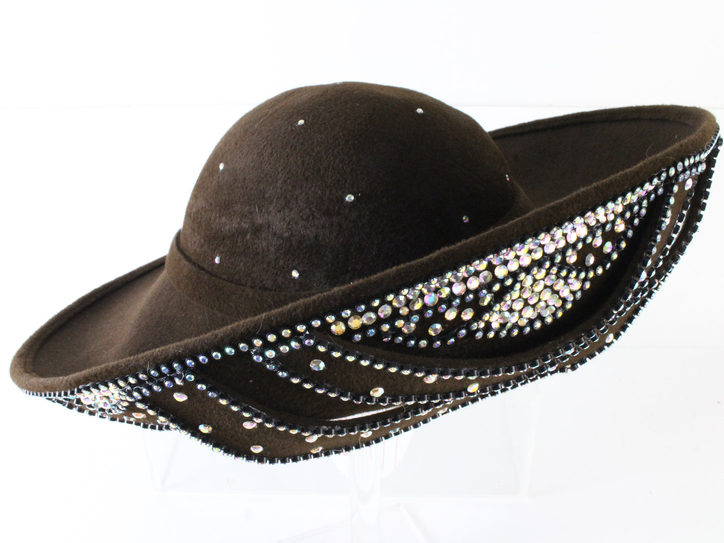 Goerge Zamaul Couture Ladies Brown Felt Hat W/ Rhinestones 7 56cm