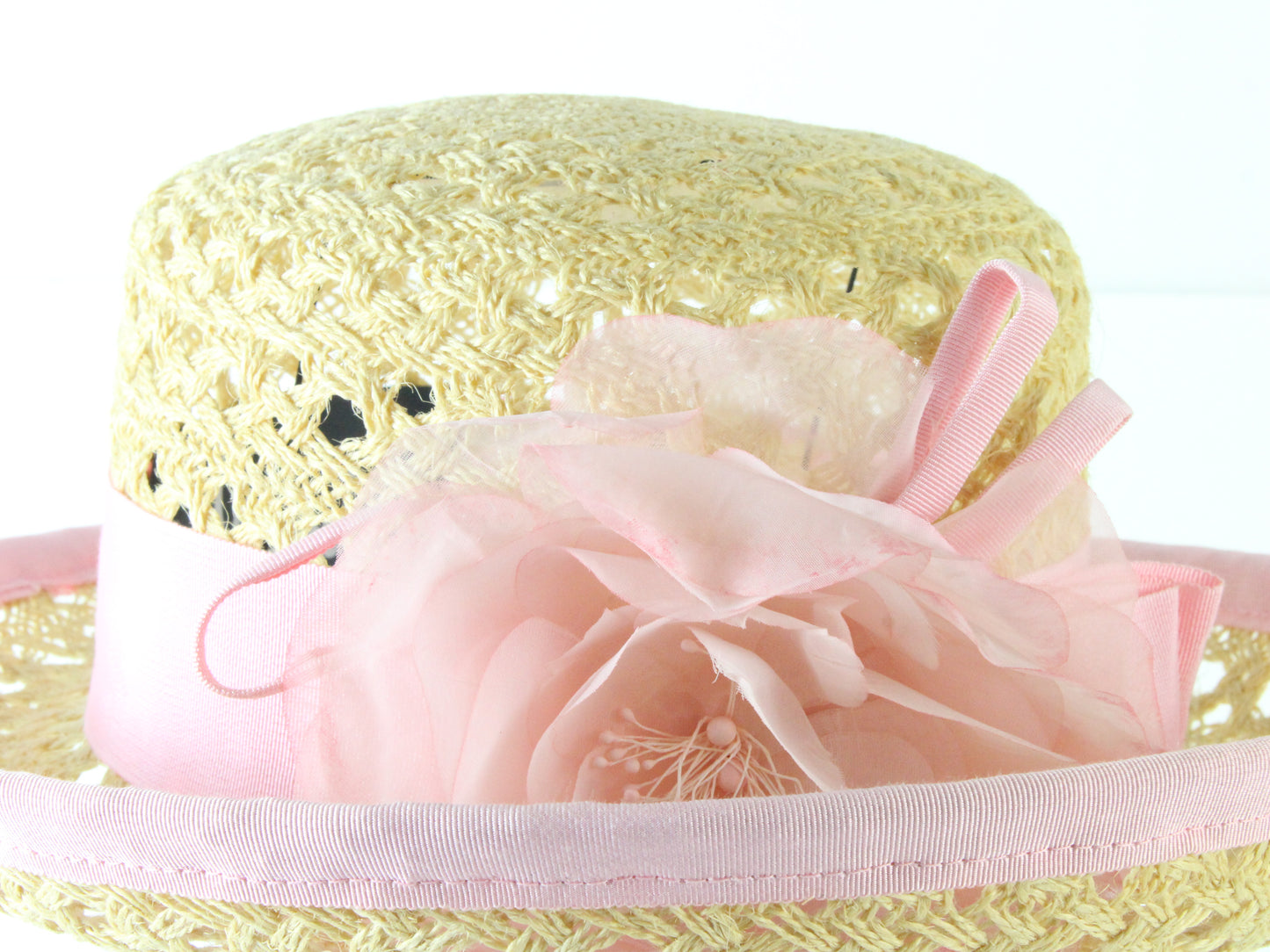 Sonni of California Ladies Boutique Natural Tan Straw Hat W/ Pink Trim 7 56cm