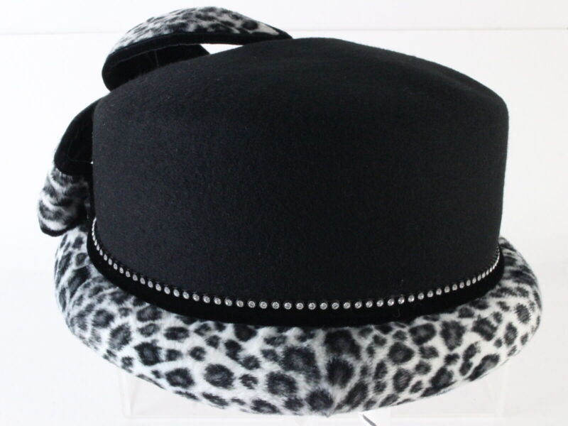 Bellini Originals Ladies Black And Animal Print Felt Hat W/ Rhinestones