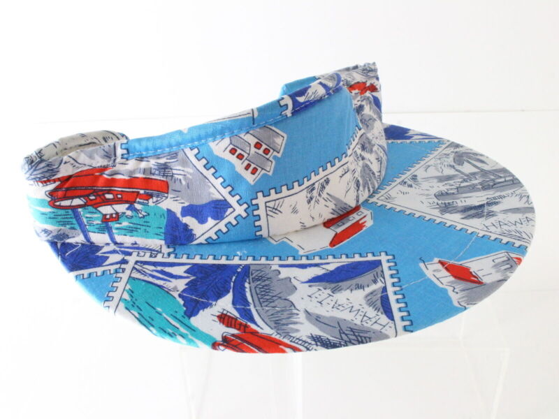 The Field Co Ladies Blue Cotton Sun Visor W/ Hawaii Stamp Print One Size