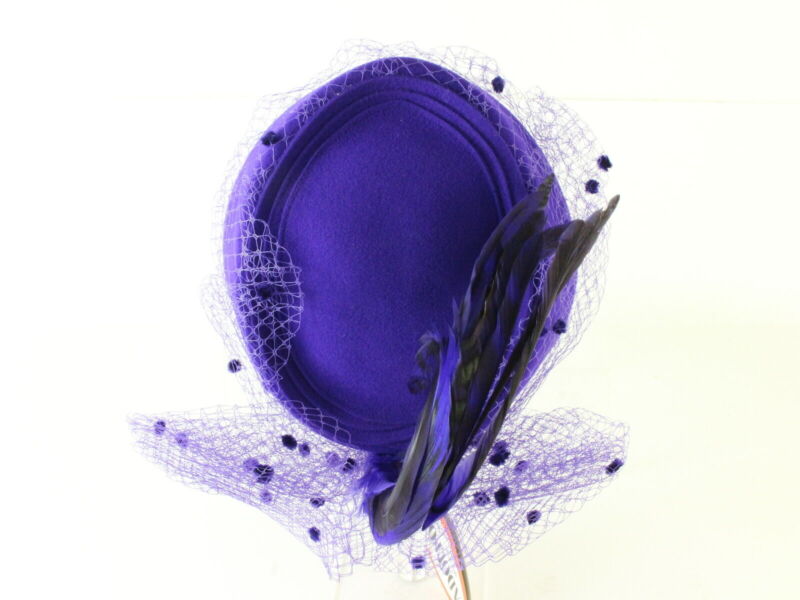 Adolfo II Ladies Purple Wool Felt Cap W/ Mesh And Feathers 6 7/8 55cm