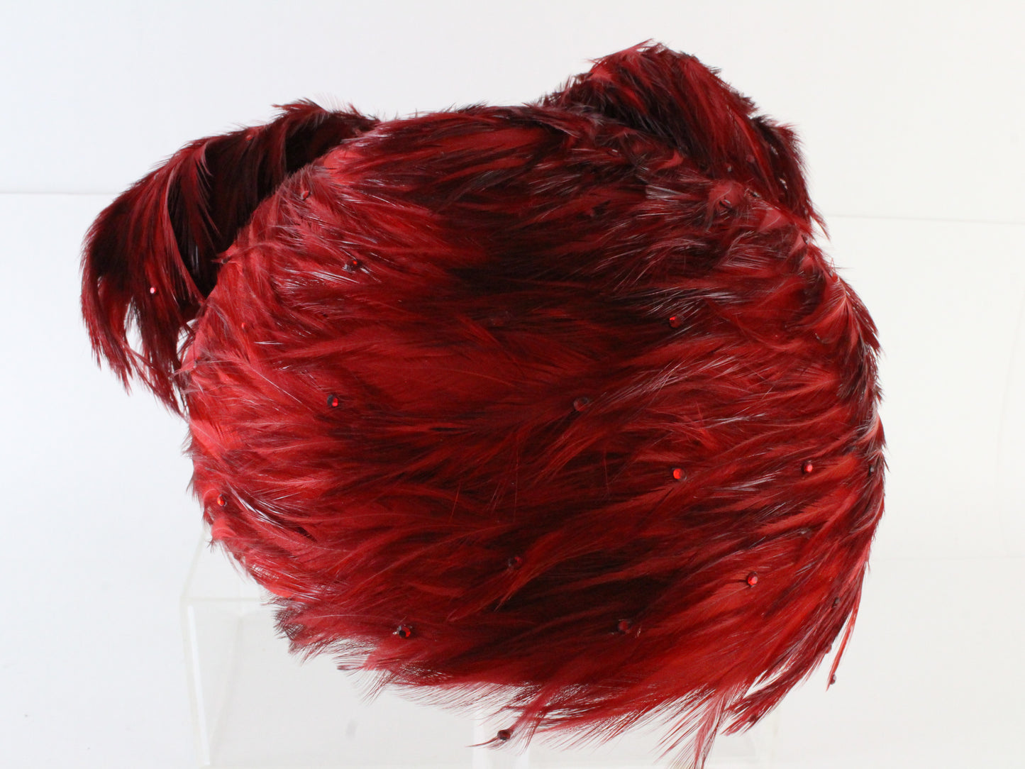 George Zamaul New York Ladies Cherry Red Boutique Hat W/ Feathers 7 56cm