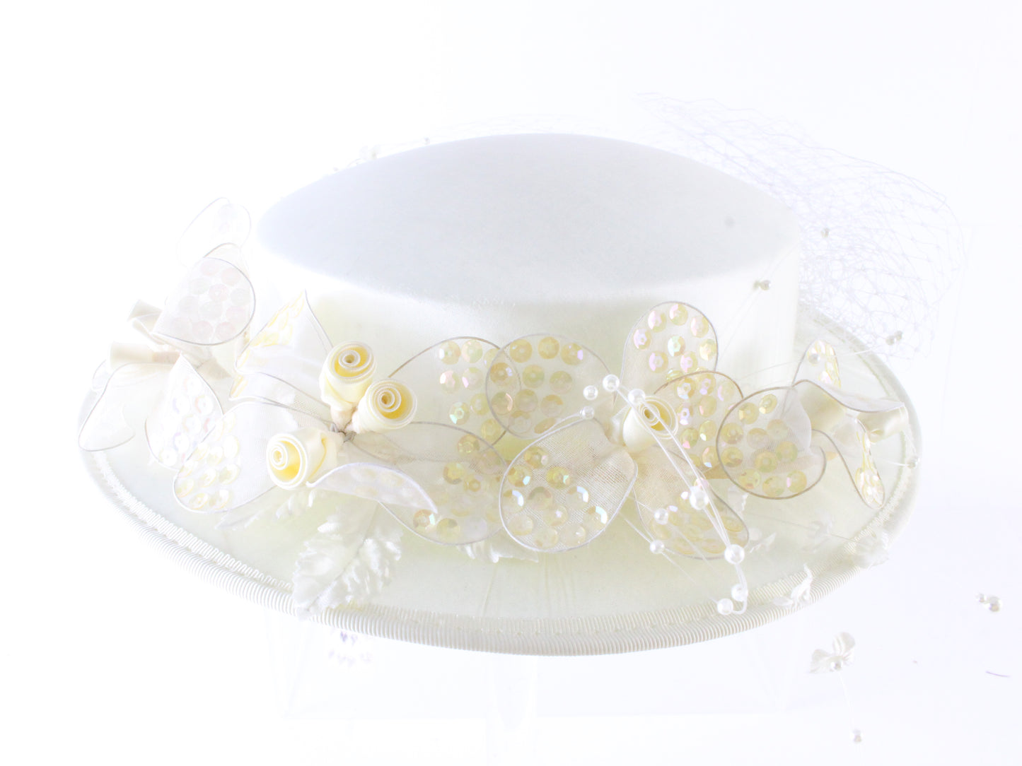 Diana Ladies White Boutique Hat W/ Flowers And Sequins 6 1/2 52cm