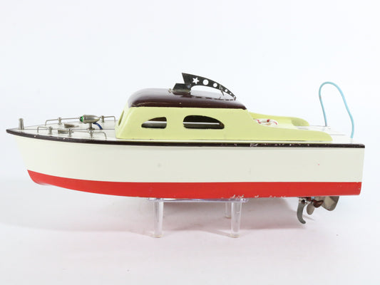 Vintage White Yellow Red Remote Controlled Battery Cabin Cruiser Wooden Boat 12"