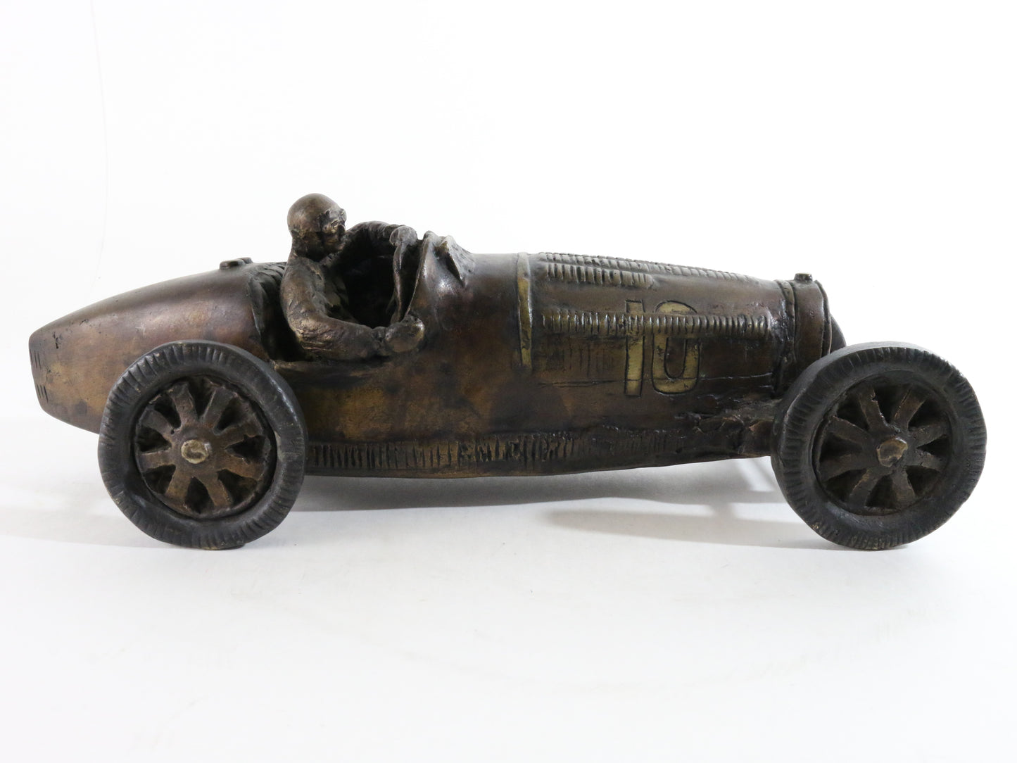 Solid Bronze Sculpture #10 Model Race Car W/ Driver 13.5" 10lbs 12oz