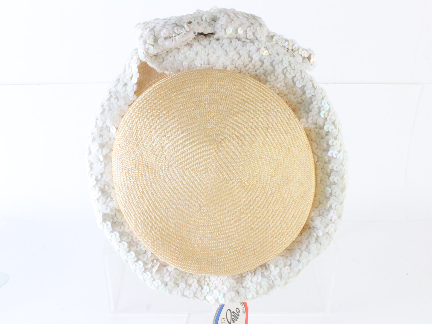 Mr John Classic Ladies White And Pink Pillbox Straw Hat W/ Sequins 6 7/8 55cm