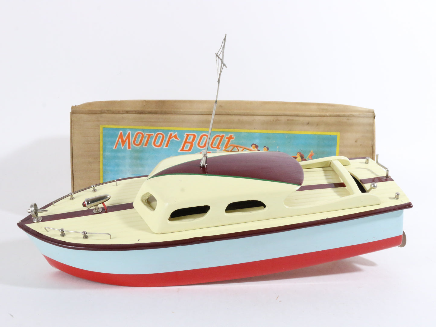 Vintage Blue Yellow Red Cabin Cruiser Wooden Battery Boat SM TMY ITO 13.5��� + BOX