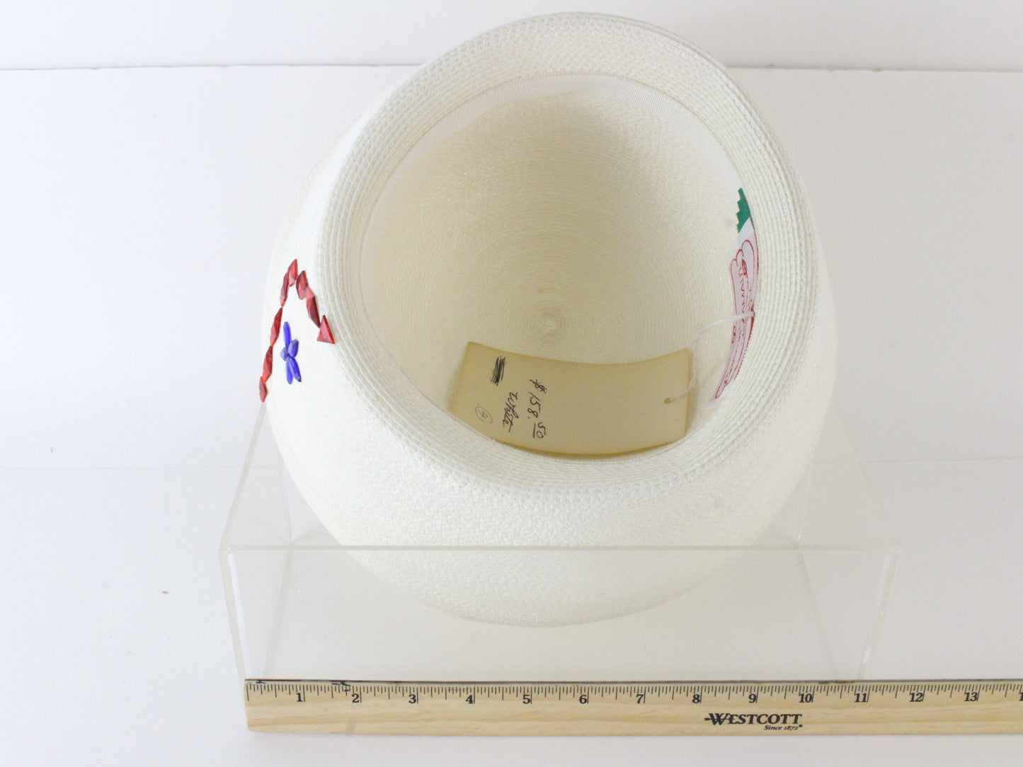 George Zamaul New York Ladies Church Hat White Weave W/ Rhinestones 7 56cm