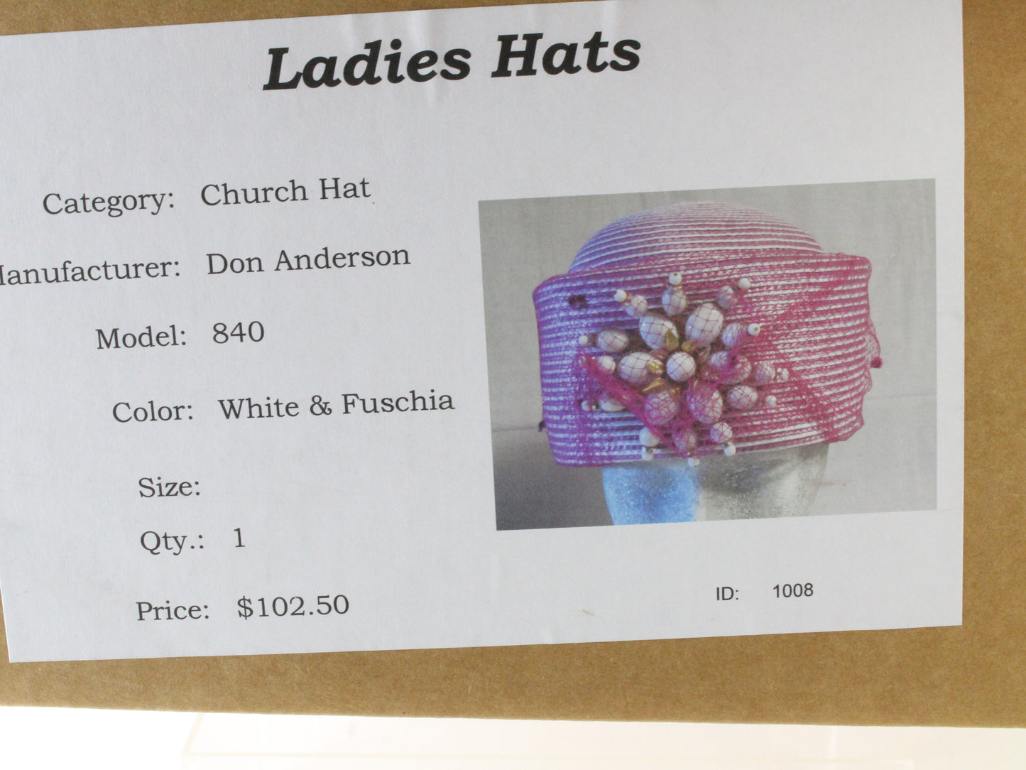 Don Anderson Ladies Boutique White and Fuchsia Striped Hat W/ Beads 7 1/8 57cm