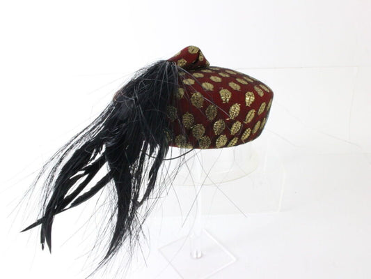 Sonni Of California Ladies Red And Gold Hat W/ Tassle And Feathers MULTIPLE SIZE