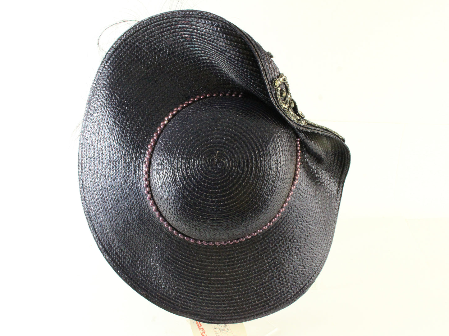 George Zamaul Couture New York Ladies Navy Blue Straw Hat W/ Rhinestones 7 56cm