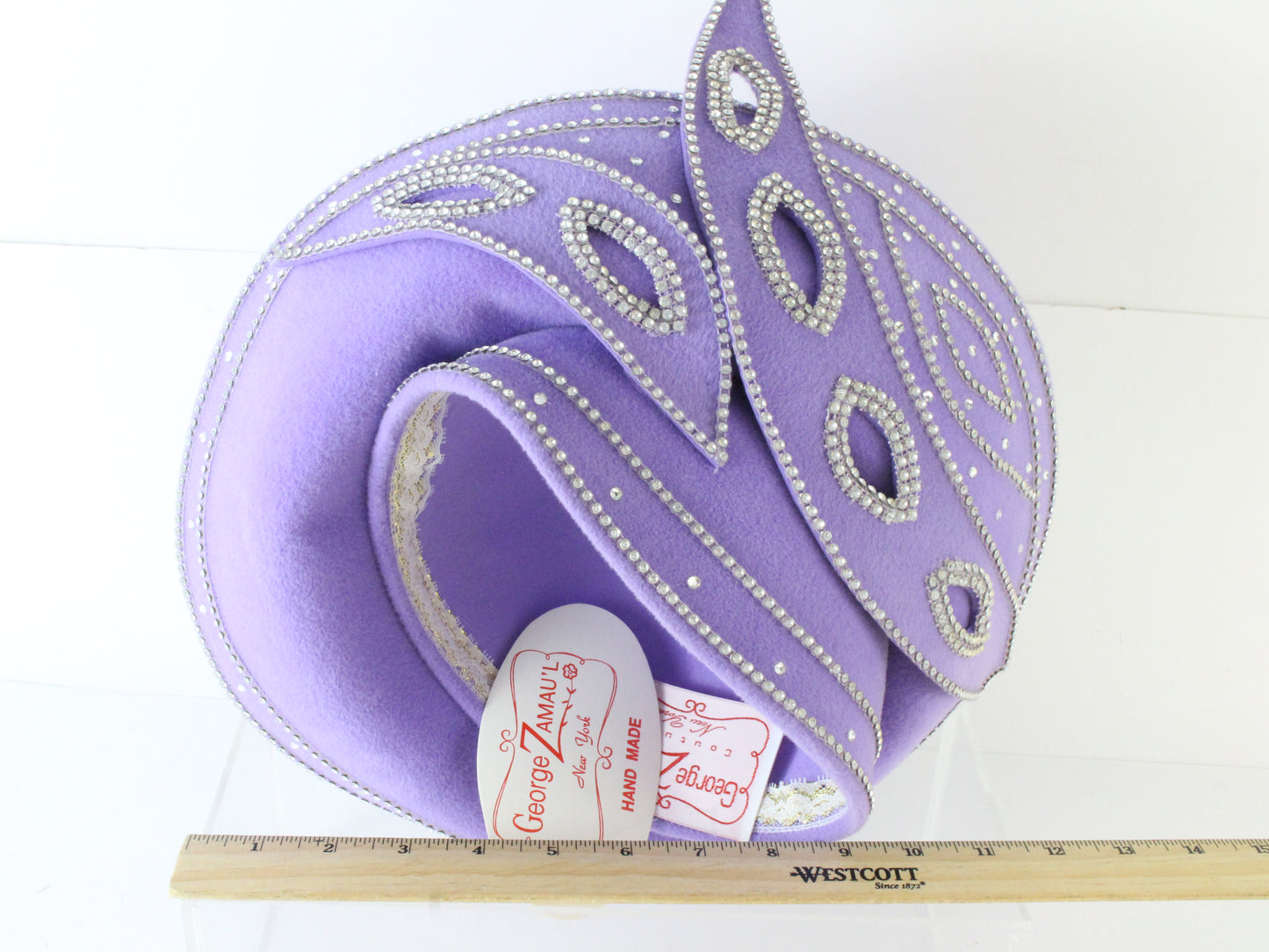 George Zamaul Couture Ladies Lilac Purple Felt Hat W/ Rhinestones 7 56cm