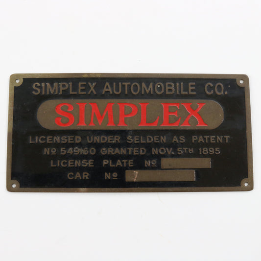 Simplex Automobile 549160 Patent 1895 Car Emblem Badge Plate