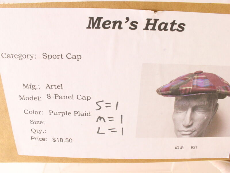 Artel Mens Purple Plaid Eight Panel Cap W/ Artel Sticker L