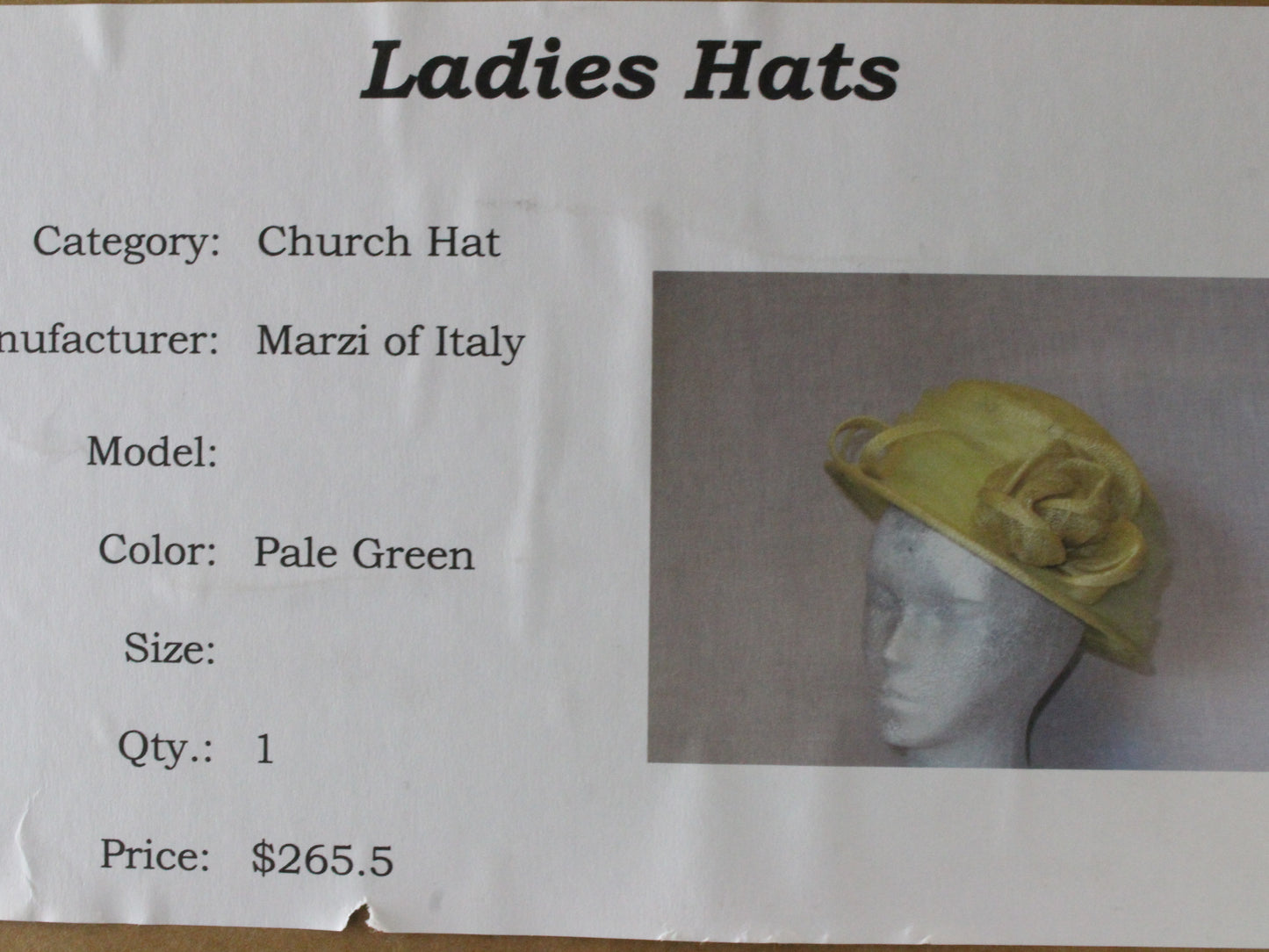 Marzi of Italy Ladies Elegant Pale Green Straw W/ Rose Church Hat Size 7 56cm