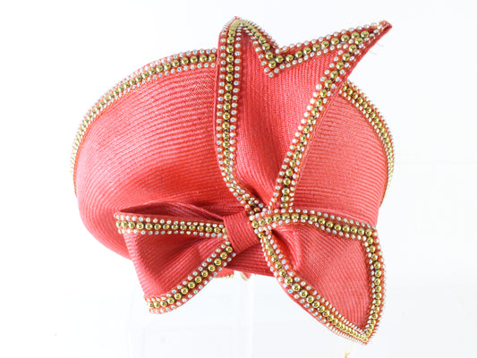 Jack Mcconnell New York Ladies Red Straw Hat W/ Rhinestones 7 1/8 57cm