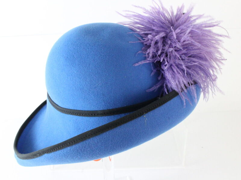 Adolfo II Ladies Azure Blue Felt Boutique Church Hat Purple And Black Feathers