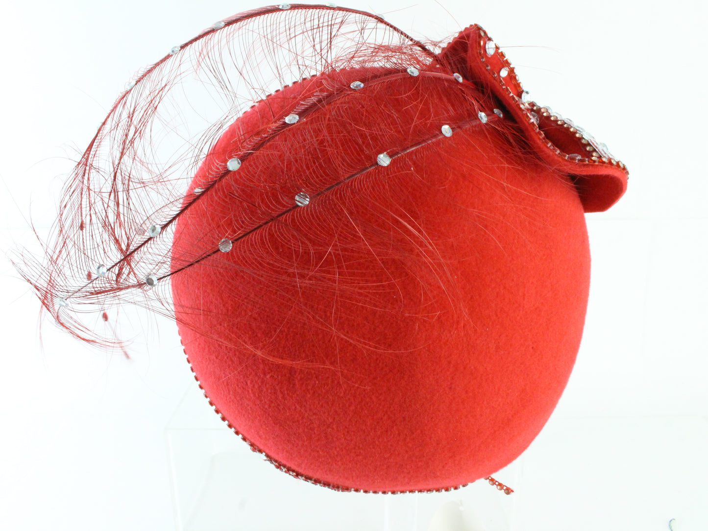 George Zamaul Ladies Boutique Red Felt Hat W/ Rhinestones 6 7/8 55cm