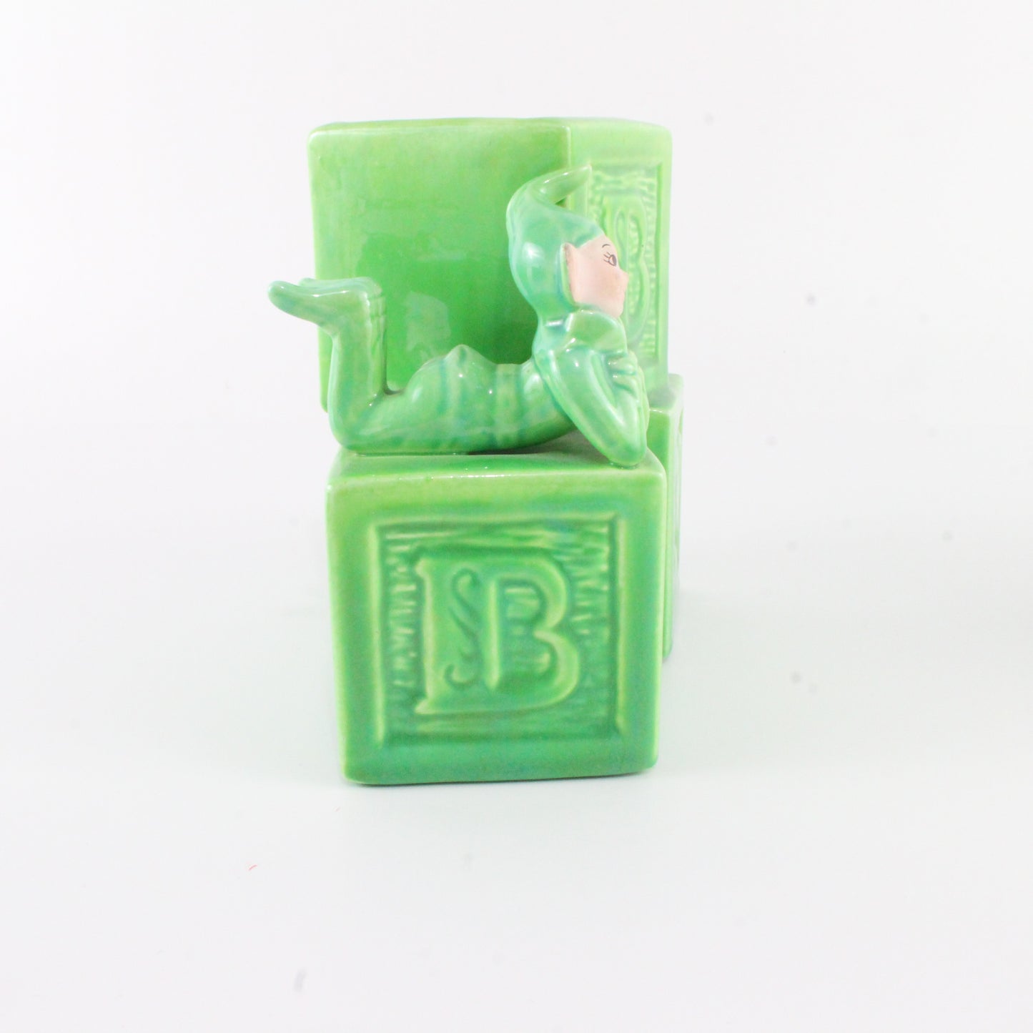 Vintage Treasure Craft Green Elf Suit Pixie Ceramic Baby Block Planter 5.5 In