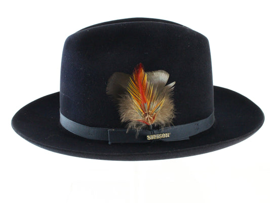 Stetson the Imperial Mens Navy Blue Felt Fedora W/ Feathers and Pin 6 7/8 55cm