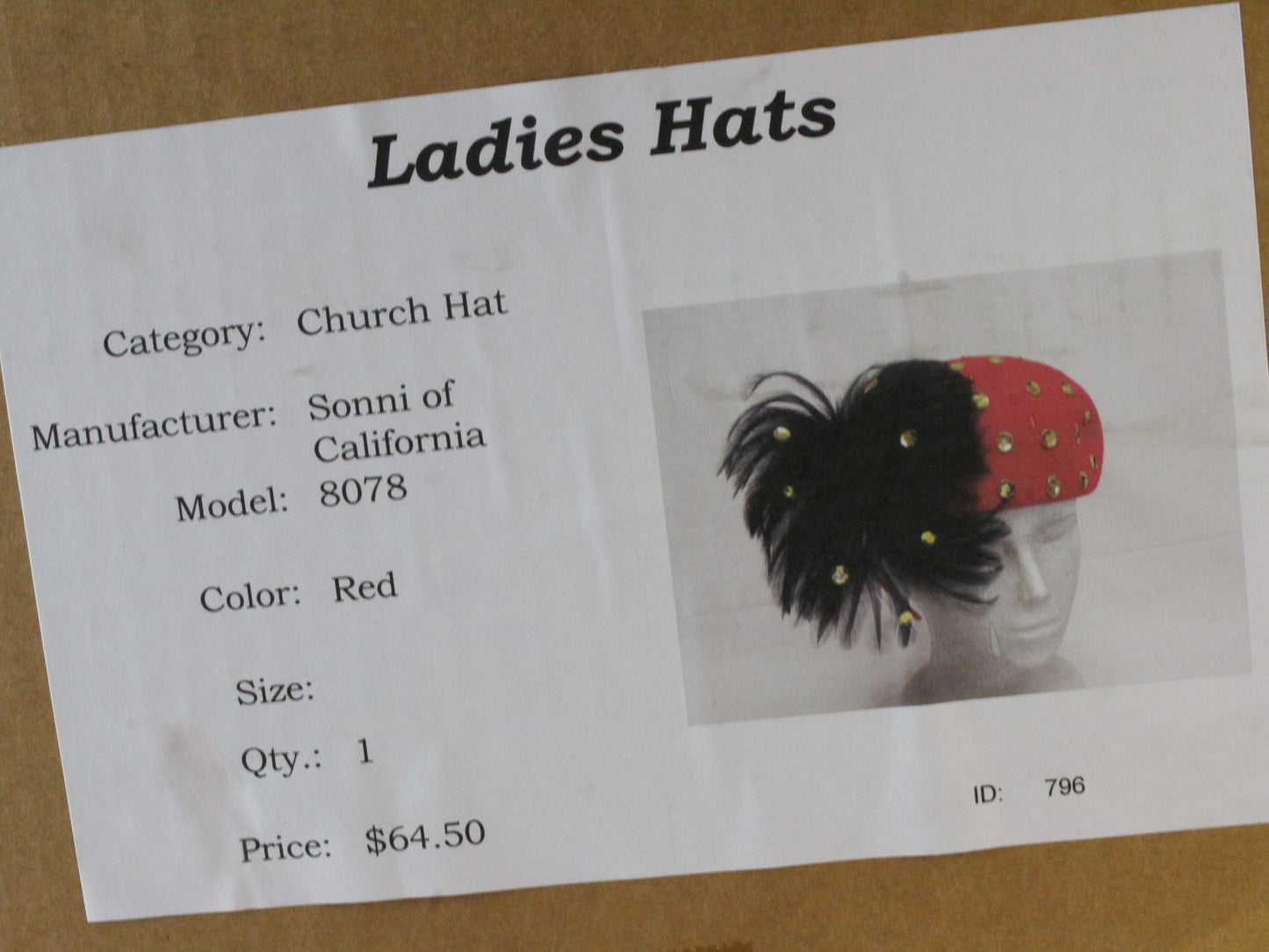 Sonni of California Ladies Fancy Red Felt Hat W/ Black Feathers 7 1/8 57cm