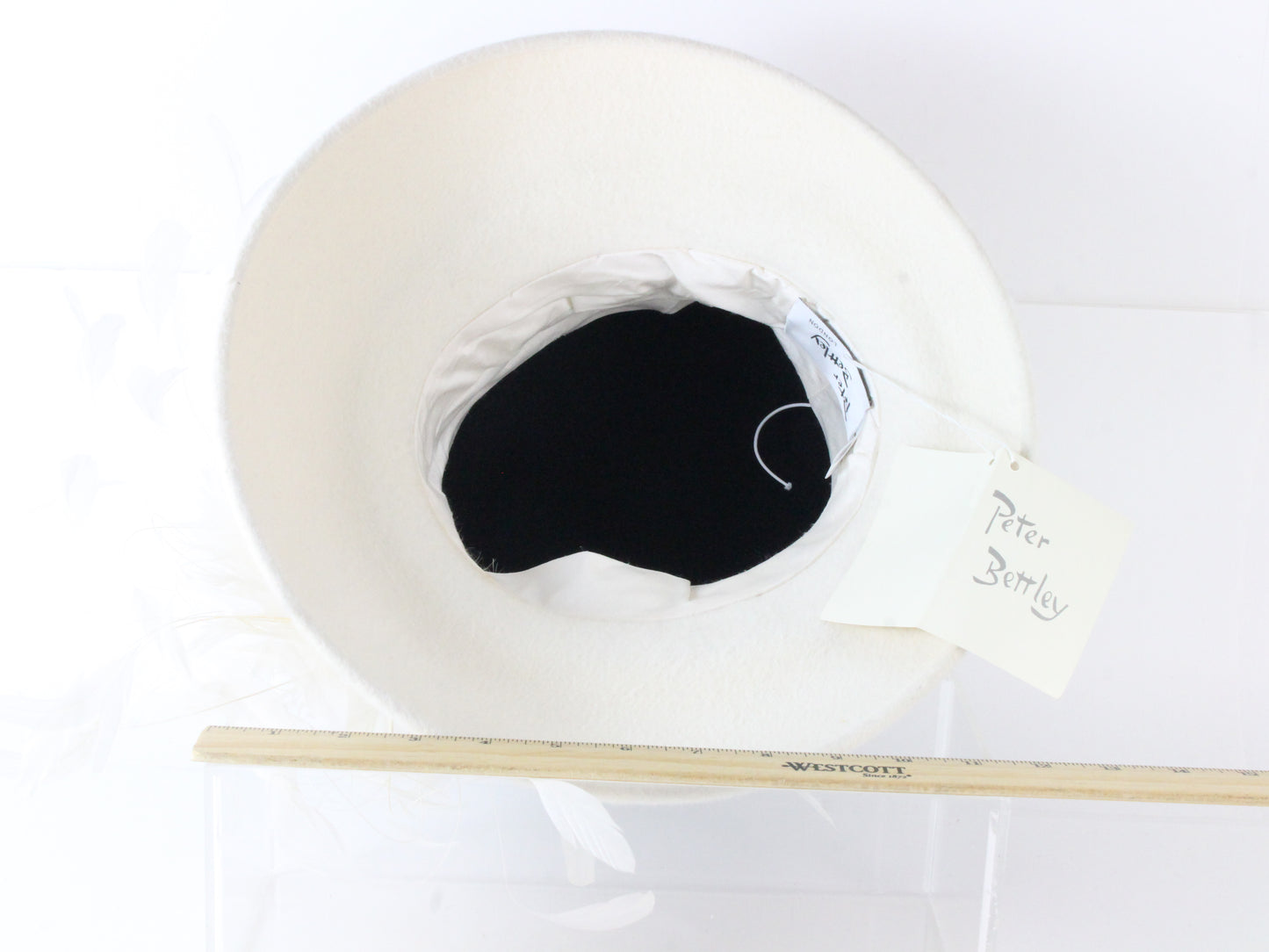 Peter Bettley Ladies Black and White Rabbit Fur Felt Hat W/ Feathers 7 1/8 57cm