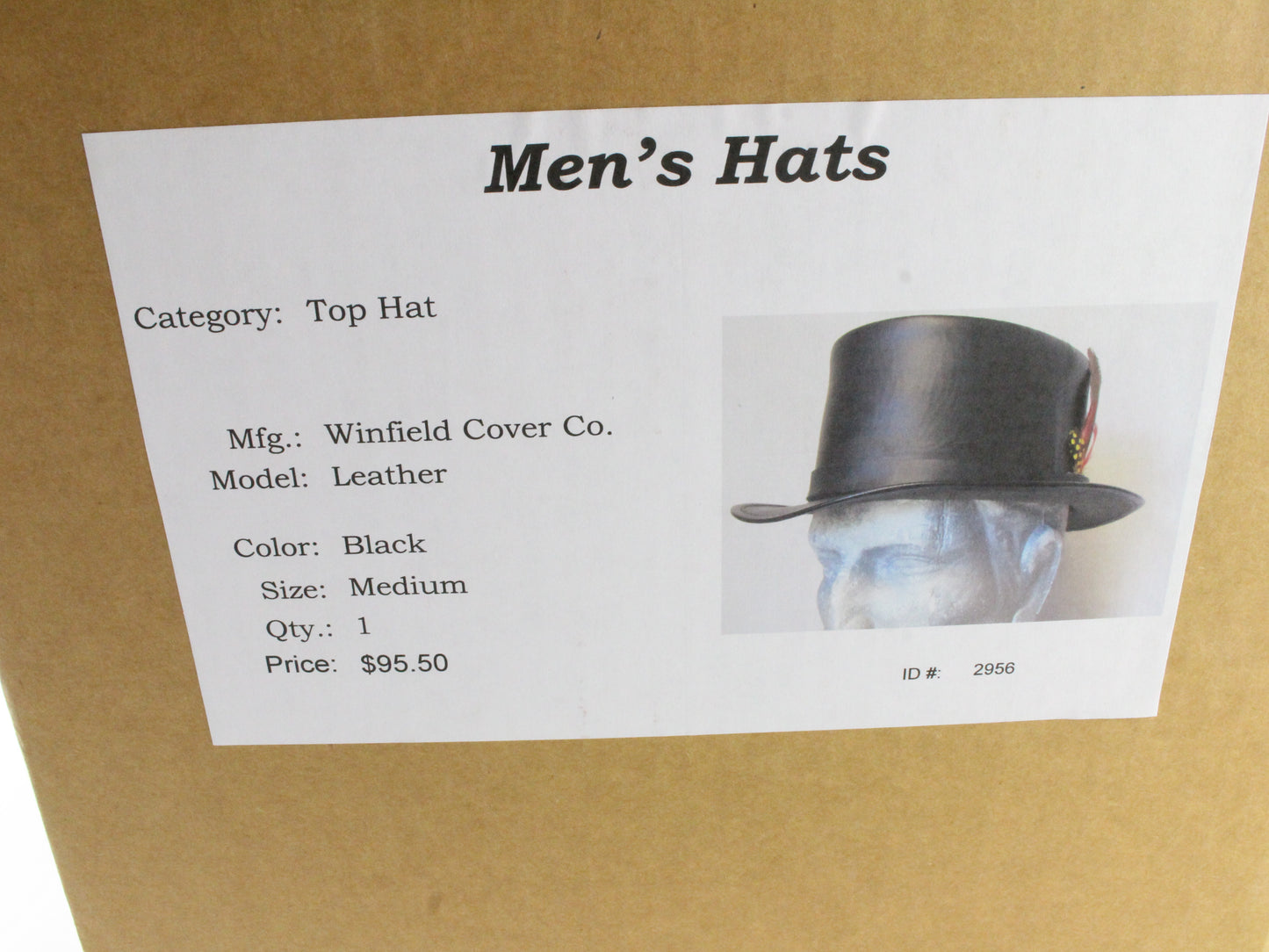 Winfield Cover Co Mens Vintage Black Leather Top Hat W/ Feathers M