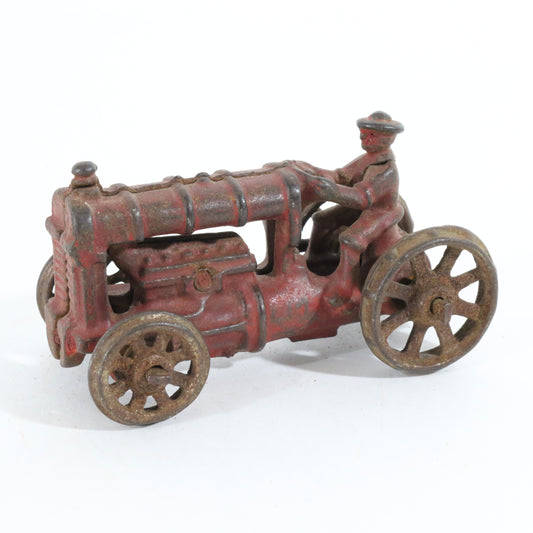 Vintage Red Cast Iron Tractor Farm Model w/ Driver AC Williams Fordson 3.5"