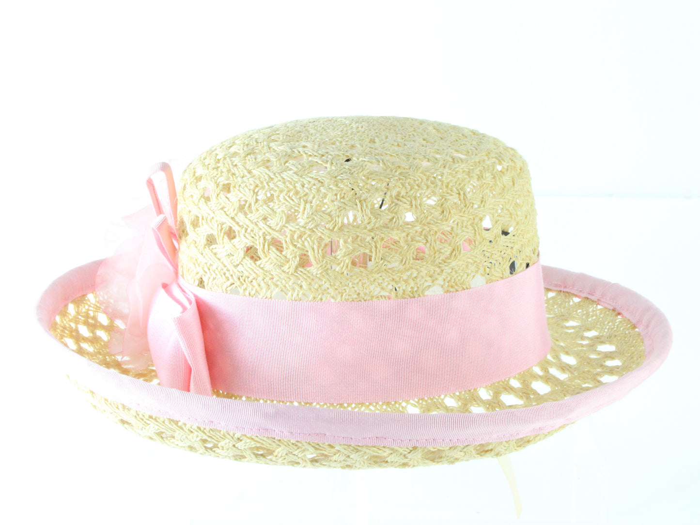 Sonni of California Ladies Boutique Natural Tan Straw Hat W/ Pink Trim 7 56cm