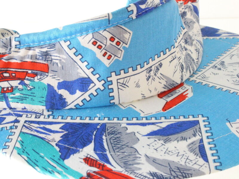 The Field Co Ladies Blue Cotton Sun Visor W/ Hawaii Stamp Print One Size