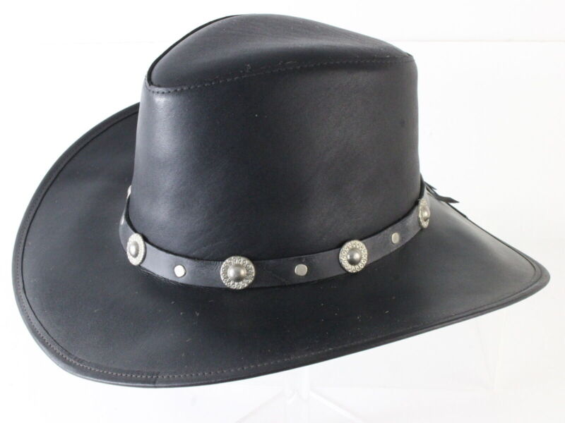 Winfield Cover Co Mens Black LEATHER Cowboy Hat W/ Band And Gray Inner Brim M