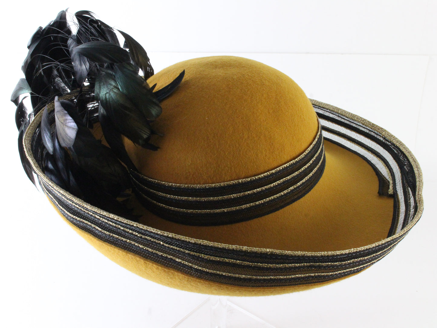 Brenda Waites Bolling Ladies Camel And Black Wool Felt Hat W/ Feathers 7 56cm