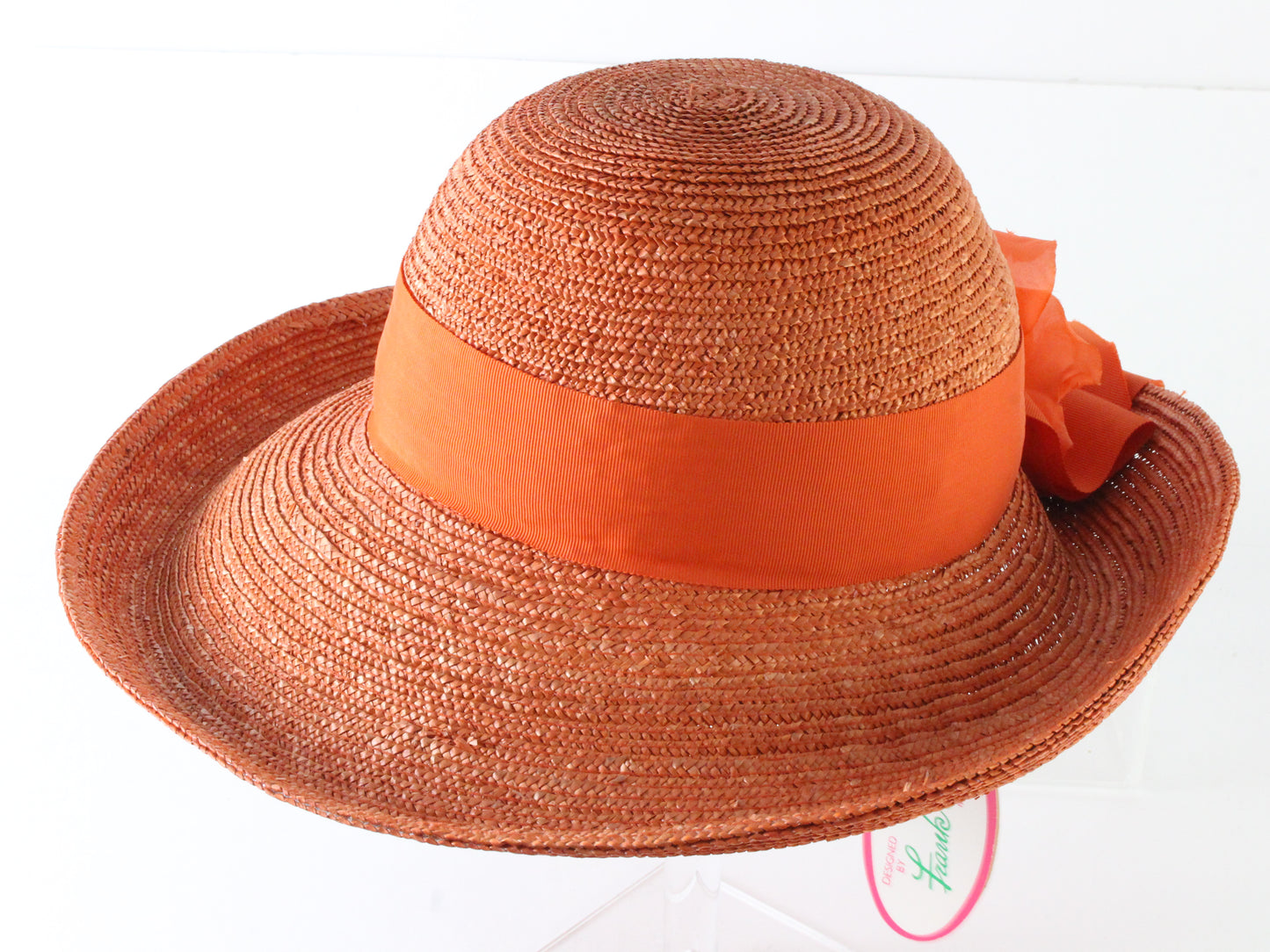 Frank Olive Private Collection Ladies Orange Straw Hat W/ Flower 7 56cm