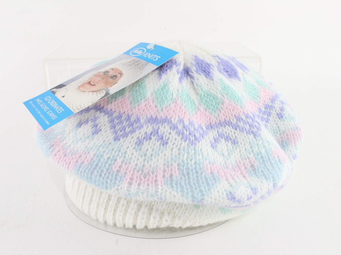 Mixed White & Purple Arlin Acrylic Knit Ladies Cap Stretch Band Winter/Holiday