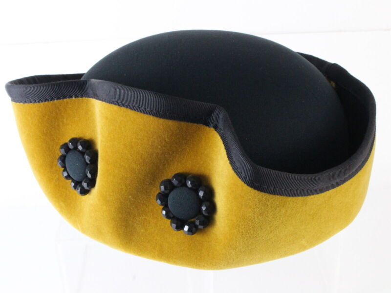 Vintage Chapeau Creations Ladies Mustard Yellow And Black Boutique Hat W/ Beads