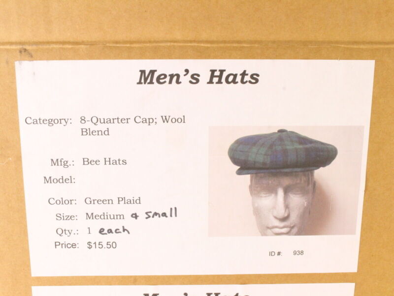 Bee Hats Mens Green Wool Blend Plaid Eight Quarter Cap MADE USA MULTIPLE SIZES