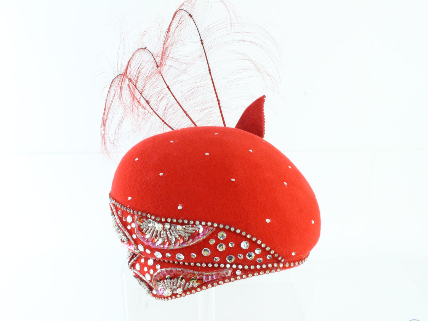 George Zamaul Couture Ladies Red Felt Boutique Hat W/ Rhinestones 6 7/8 55cm