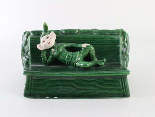 Vintage Green Pixie Elf Reclining On Bench Ceramic Planter 7 In