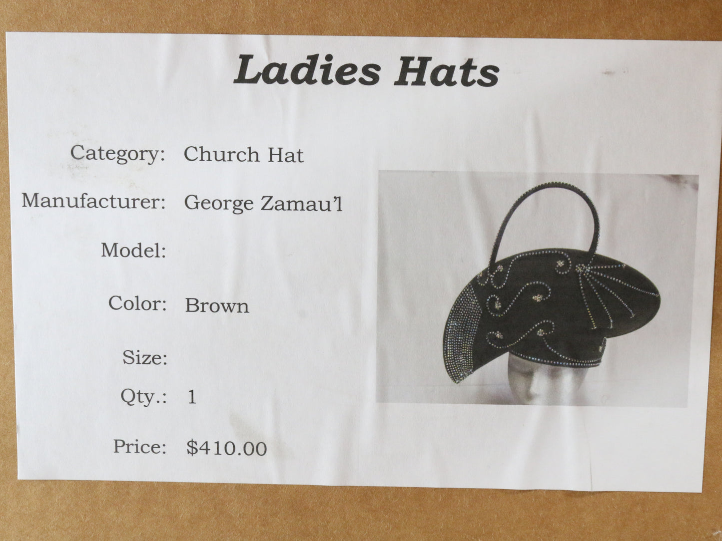 George Zamaul Couture Ladies Brown Felt Fancy Hat W/ Rhinestones 7 56cm